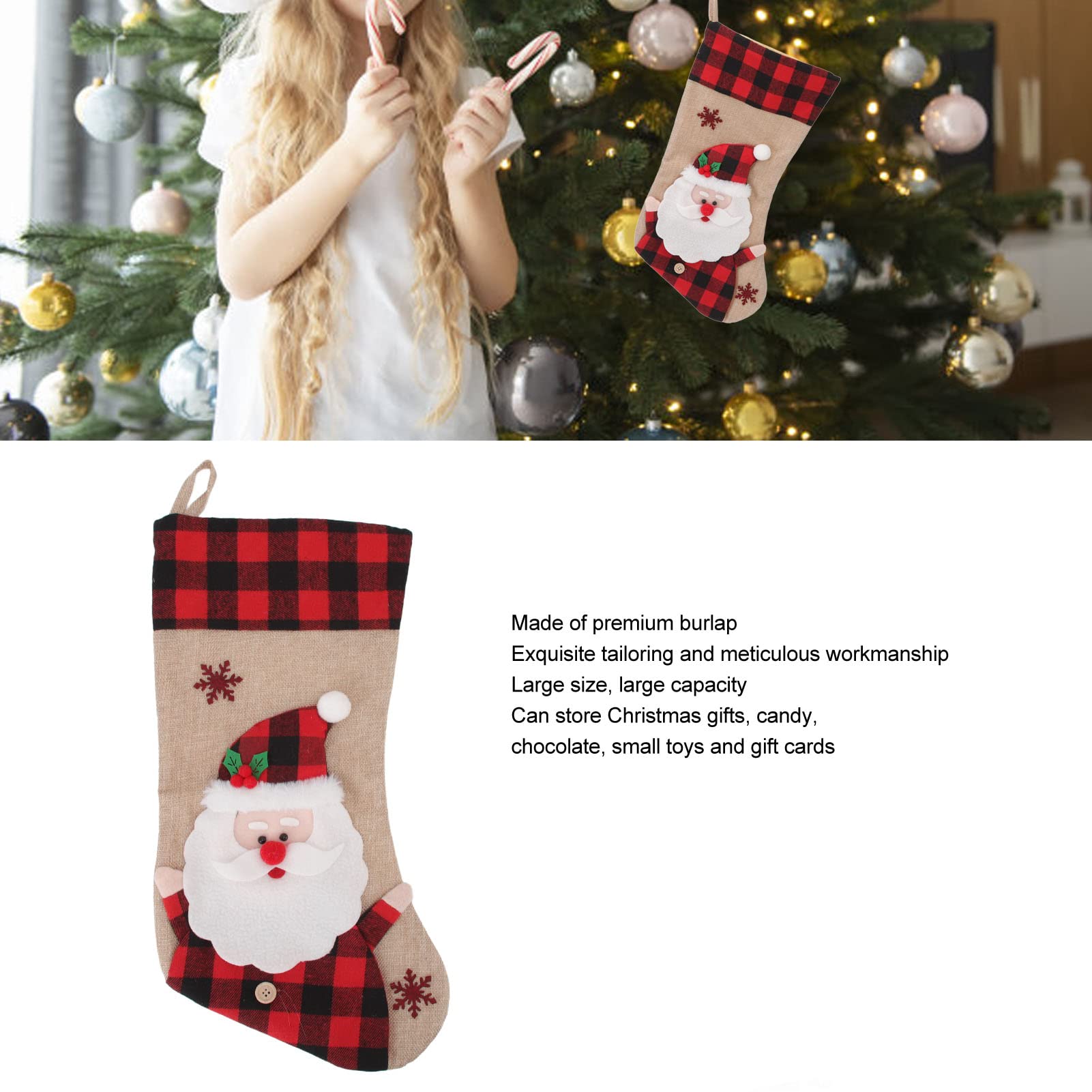 Decoração de Natal, Meia de Natal Xadrez Vermelha Padrão 3D Pendurado Natal - 5