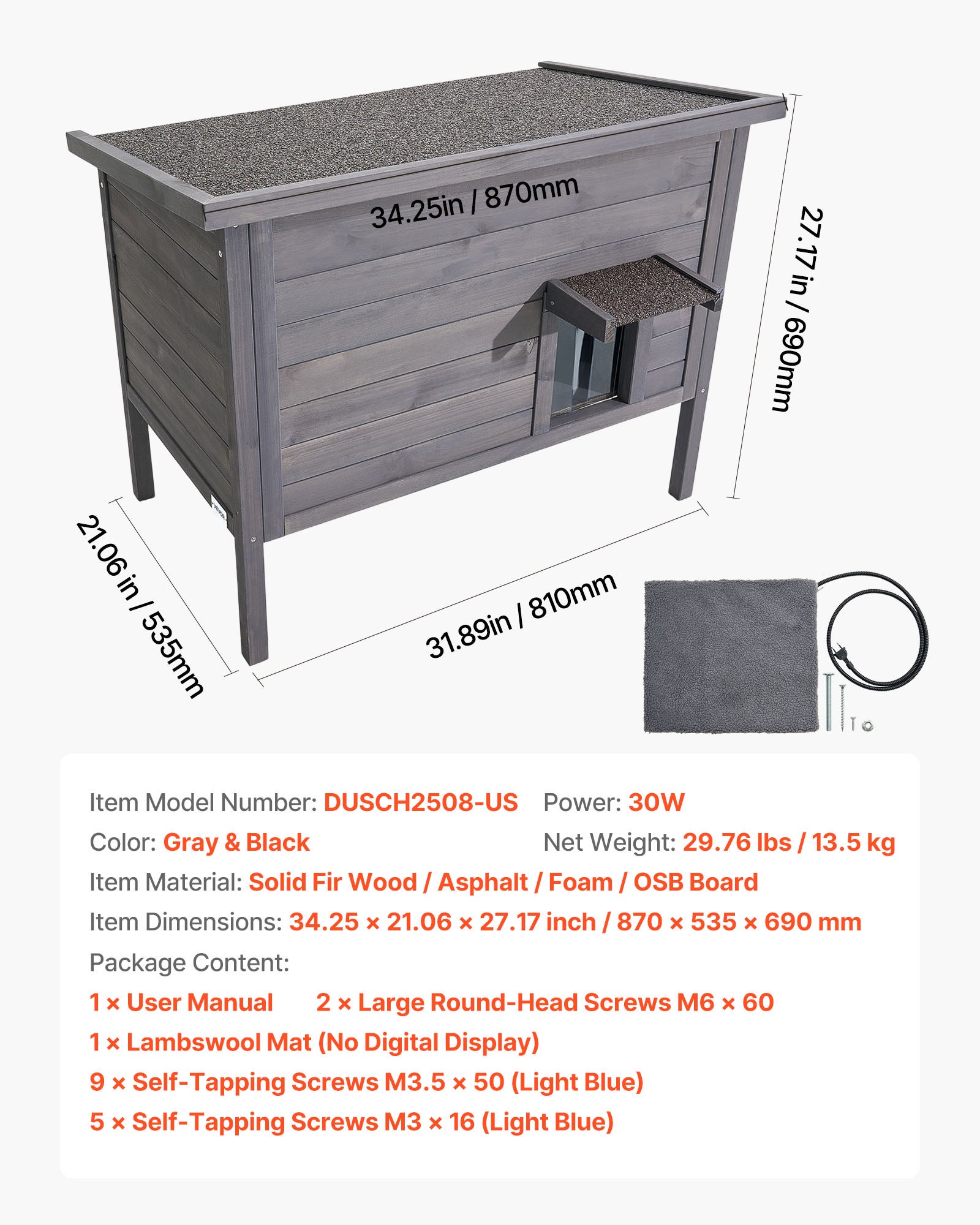 Casa para gatos aquecida VEVOR, madeira+PVC, 87×53,5×69 cm, almofada térmica, teto asfáltico abrível, 1–3 gatos exterior, inverno - 7