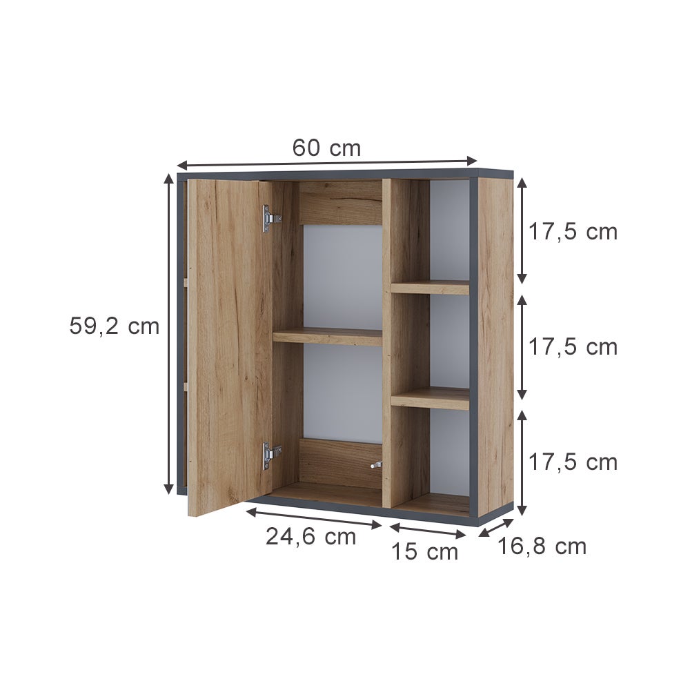 Vicco Szafka z lustrem w łazience Stephan, Złoty dąb energetyczny, 60 x 59.2 cm Z półkami i lustrzanymi drzwiami - 2