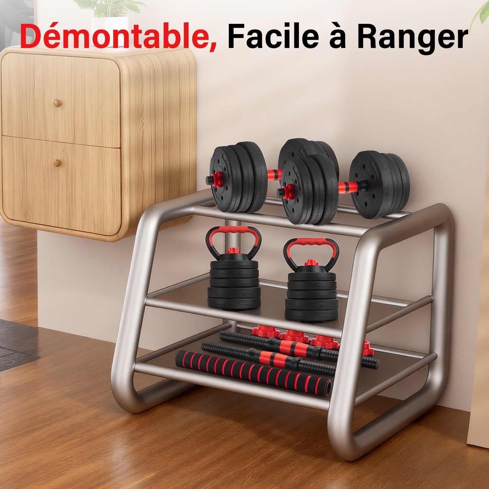 TEENO Ensemble d'haltères réglables 5 en 1 de 20 kg, comprenant des kettlebells, des haltères, une barre et un support pour pompes - 7