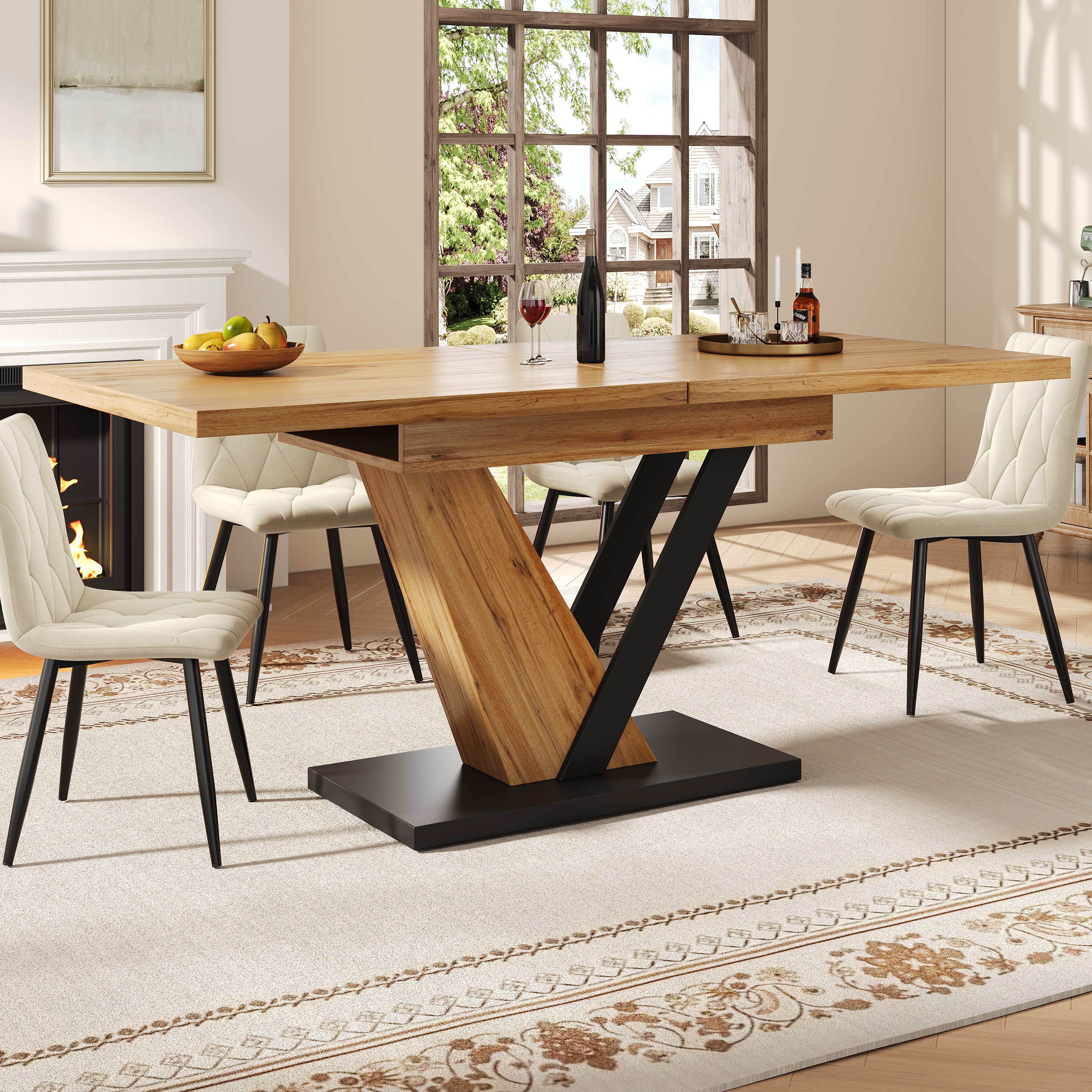 Table a Manger Extensible (120-160×75×75,5cm),design extérieur à grain de bois,Table de Cuisine 6/8 Personnes,Pour cuisines et salons,Naturelle+Noir - 3