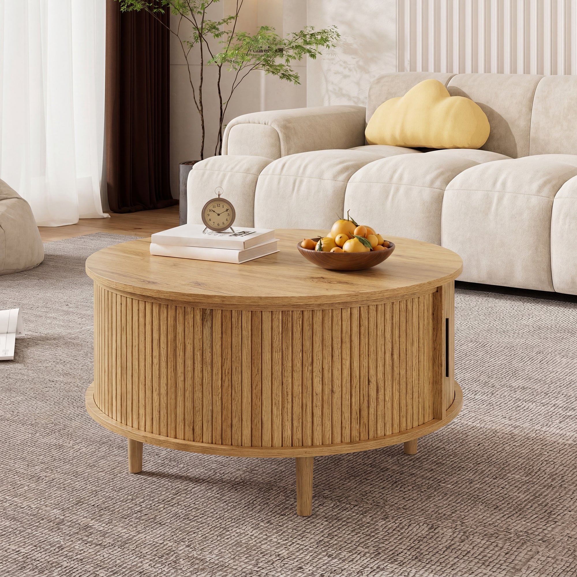 Table Basse Relevable Ronde Table basse relevable ronde avec 1 porte coulissante à lattes - 80 x 80 ...