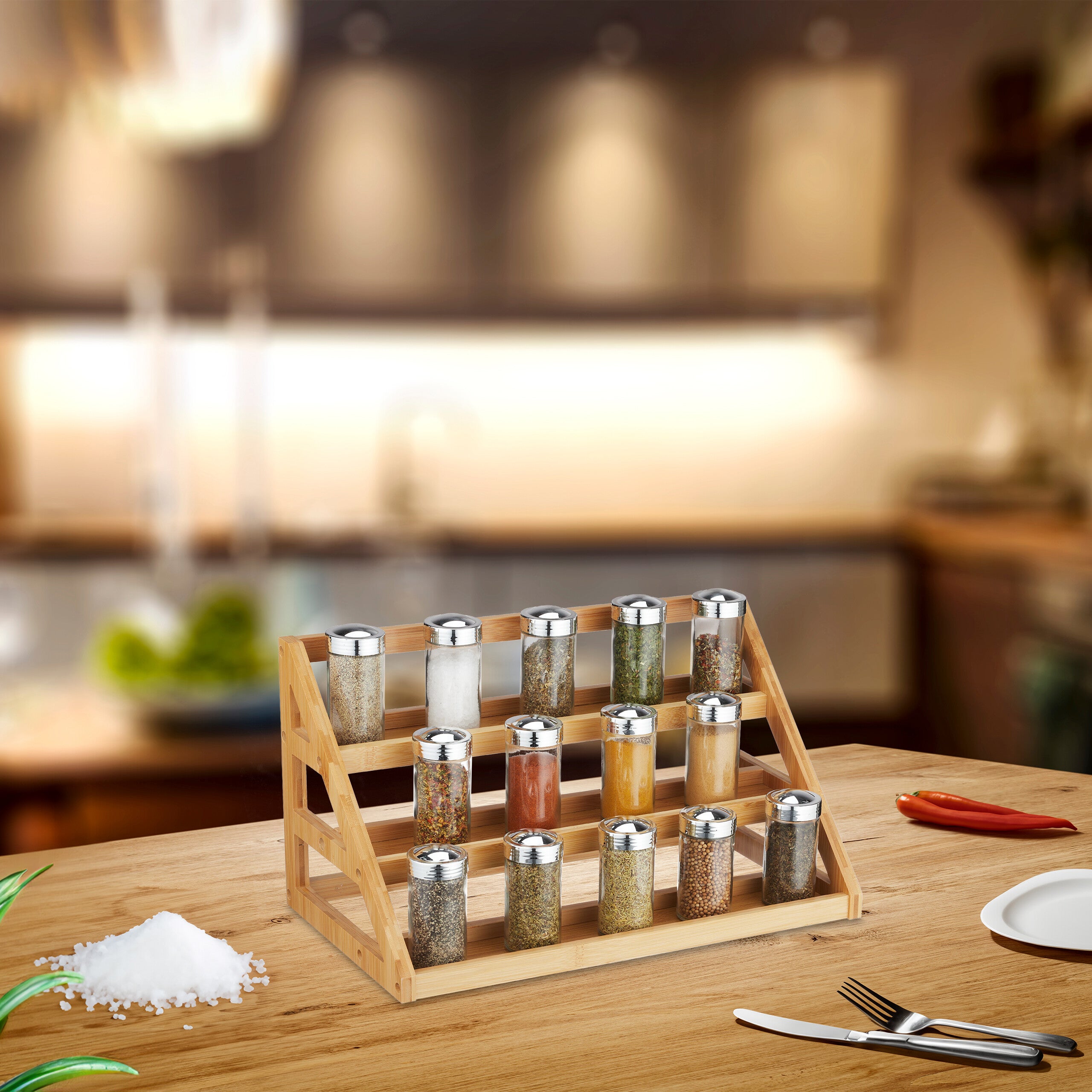 SIMPLEMADE Portaspezie Espandibile In Bambù A 3 Ripiani – Organizer Multiuso Per Cucina, Bagno, Ufficio E Armadietti - 4