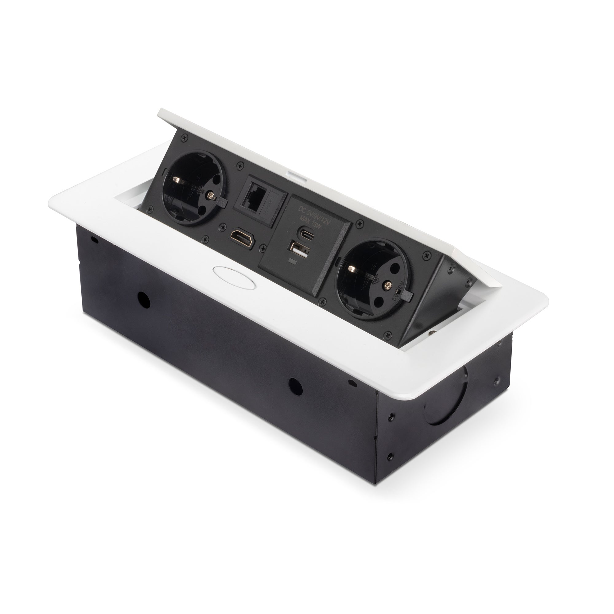 Emuca Listwa zasilająca biurkowa Atom 26, 225x111 mm, 2 gniazda Schuko, 1 USB typu A, 1 USB typu C, 1 RJ45, 1 HDMI, Znal-stal-plastik, Biały