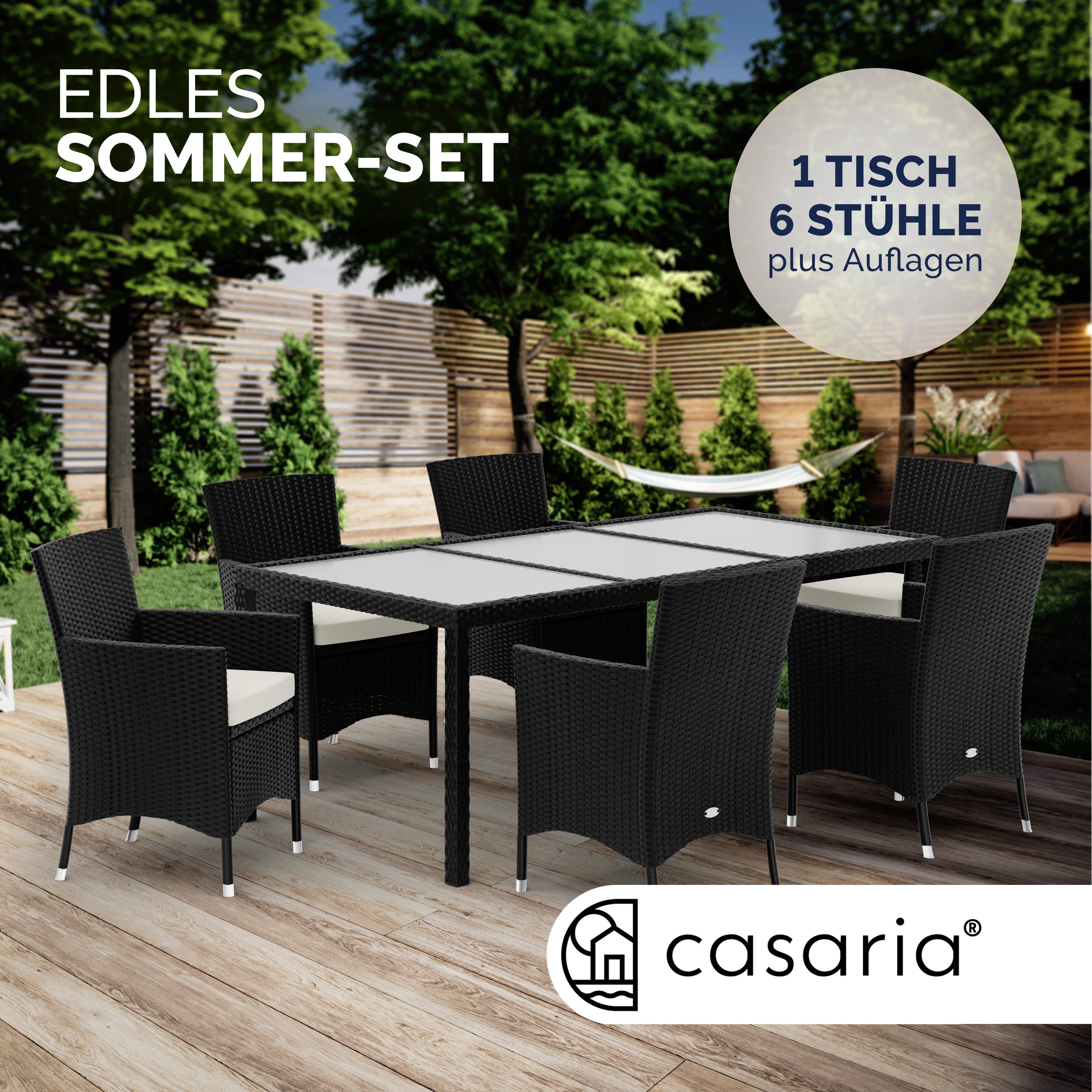 CASARIA® Salon de jardin 6 personnes en Polyrotin 190x90cm Noir chaises empilables ensemble de meubles set de jardin - 8