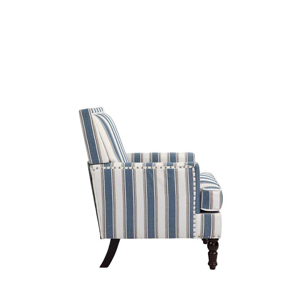 Chaise d'appoint rembourrée vintage tissu lin rayé bleu blanc bordure clous salon - 3