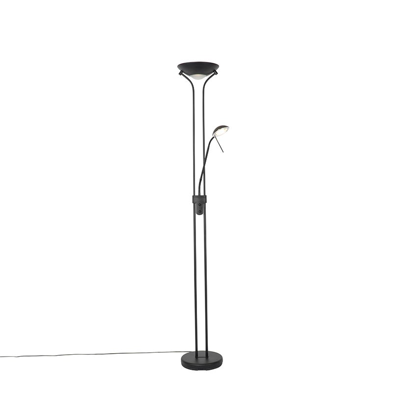 Qazqa moderne lampadaire uplighter avec bras de lecture - Diva - noir, led intégrée 23w incluse, Integrated led, 2000k - 3000k, - 4