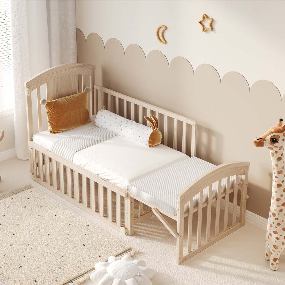 Lettino multifunzione in legno naturale con fasciatoio, contenitore pieghevole, estensibile 124x70x96 cm, senza materasso - 4