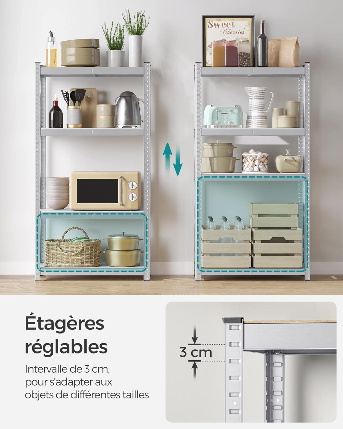 SONGMICS Étagère Charge Lourde à 4 Niveaux, Montage Rapide, Étagère de Garage, pour Boîtes à Outils, Capacité 520 kg, 40 x 80 x 160 cm, Argent - 4