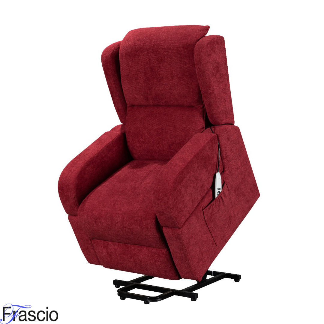 Sillón elevador reclinable burdeos de tela con mesa de centro y reposabrazos extraíbles