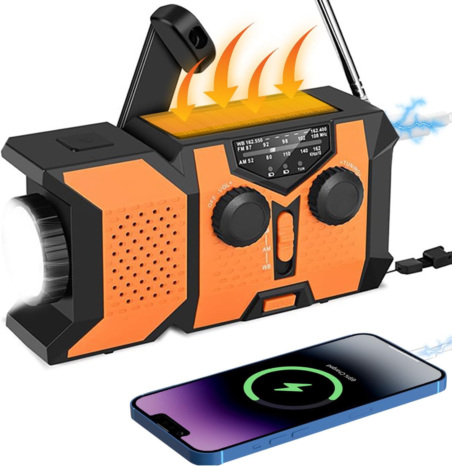 Radio NOAA Emergency Weather Alert – przenośne radio AM/FM, akumulator 5000 mAh, ładowarka solarna i korbowa, latarka LED, alarm SOS