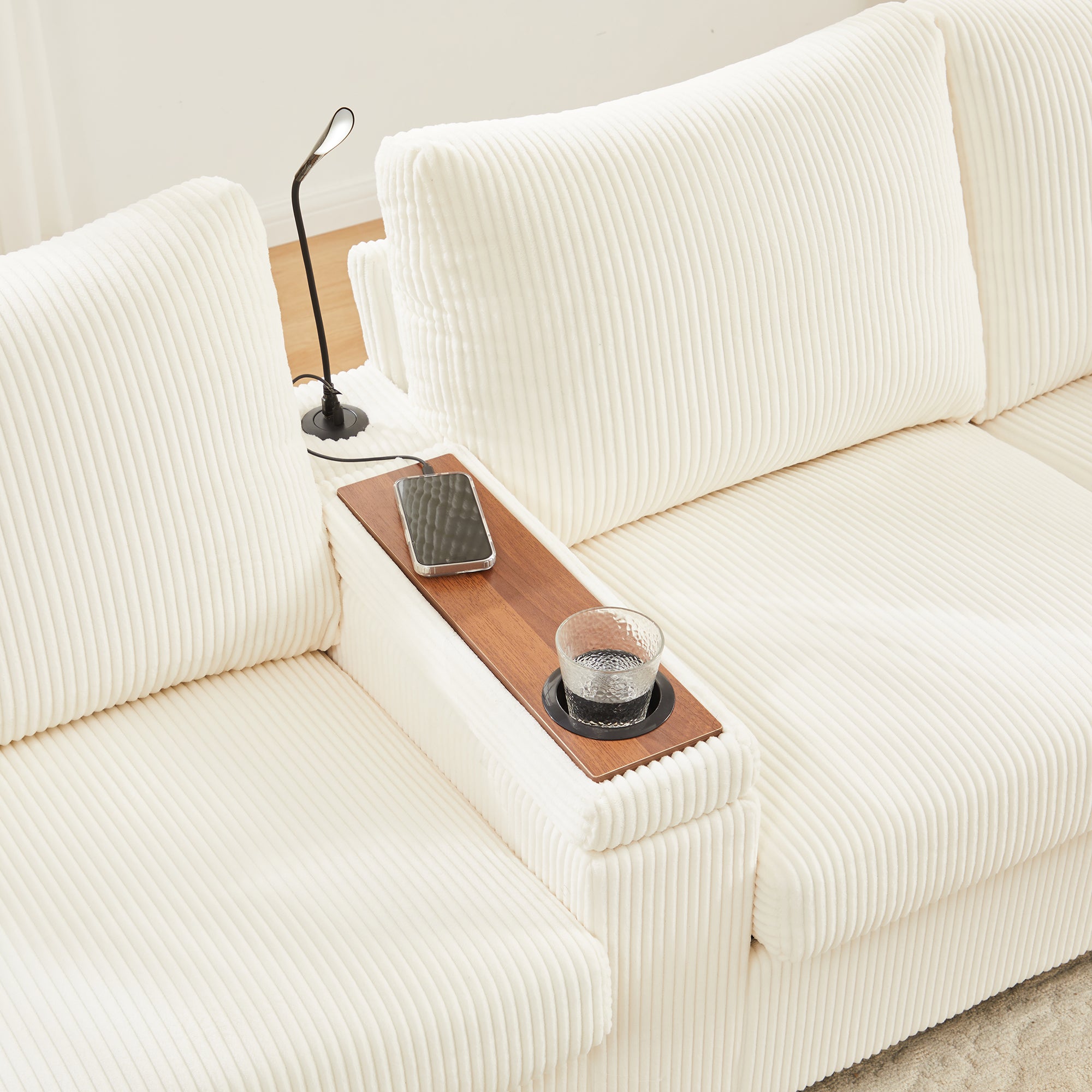 Canapé moderne en forme de U - avec USB, Type-C et lampe de lecture - avec lumières LED Porte - avec gobelet et 2 repose-pieds - Beige - 7