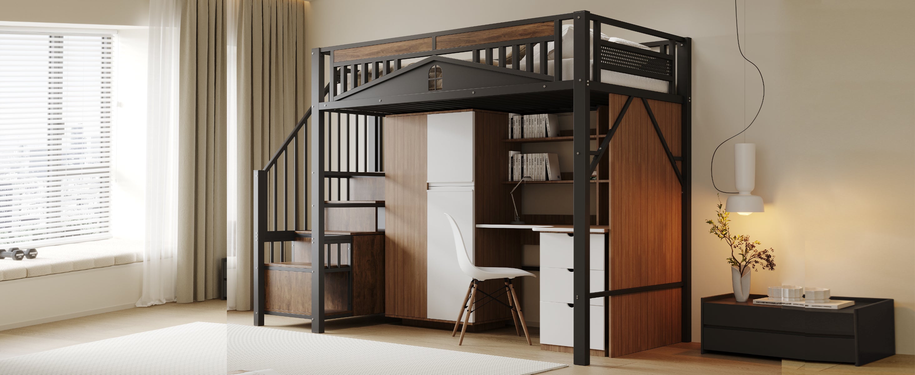 Lit mezzanine en métal 90 x 200 cm, enceinte de sécurité unique avec fenêtre, échelle de sécurité avec casier, noir - 7