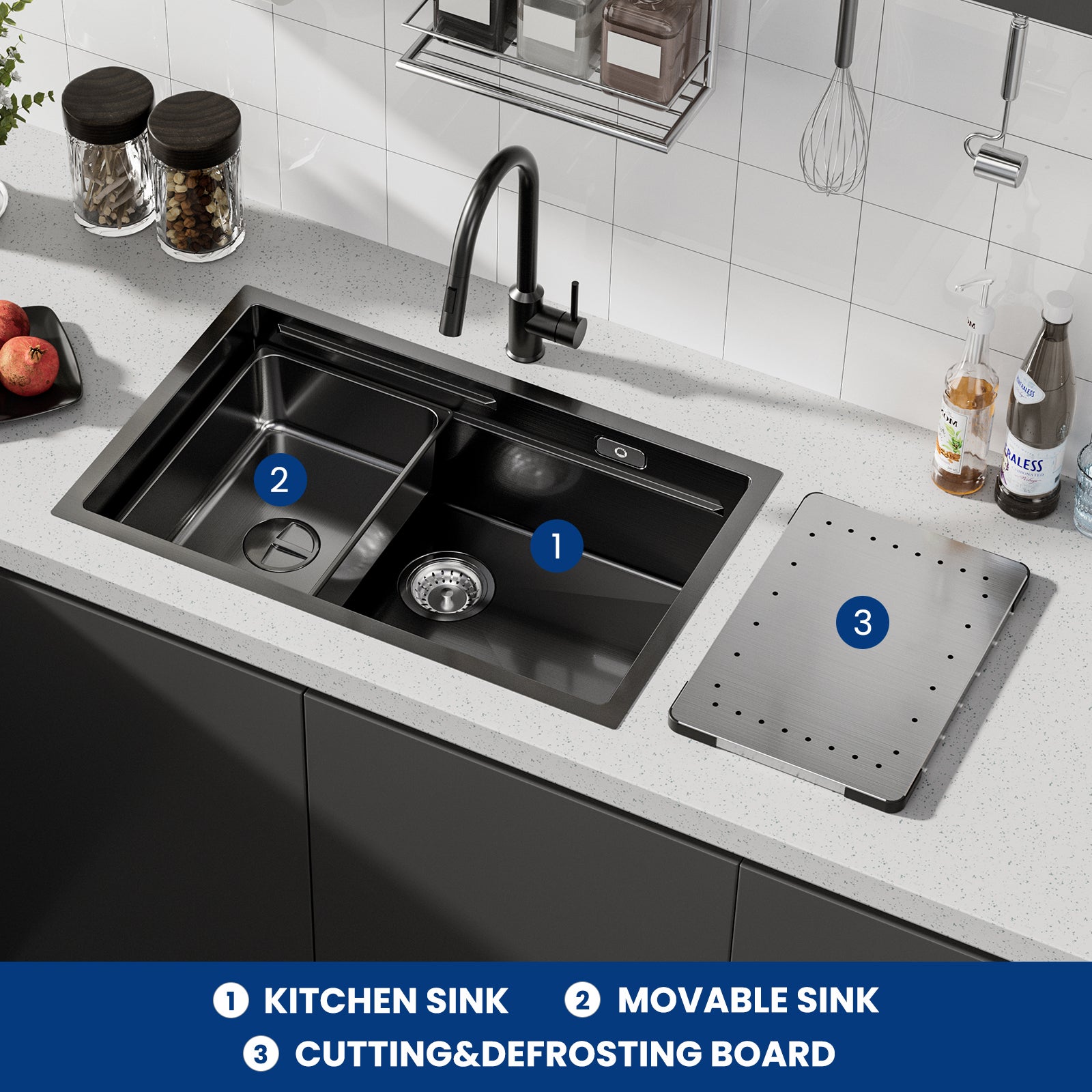 Évier Cuisine 1 Bac 70×44×21CM INOX Trop Plein Évier à Encastrer, avec Egouttoir et Vasque, Noir, EU Modèle - 4