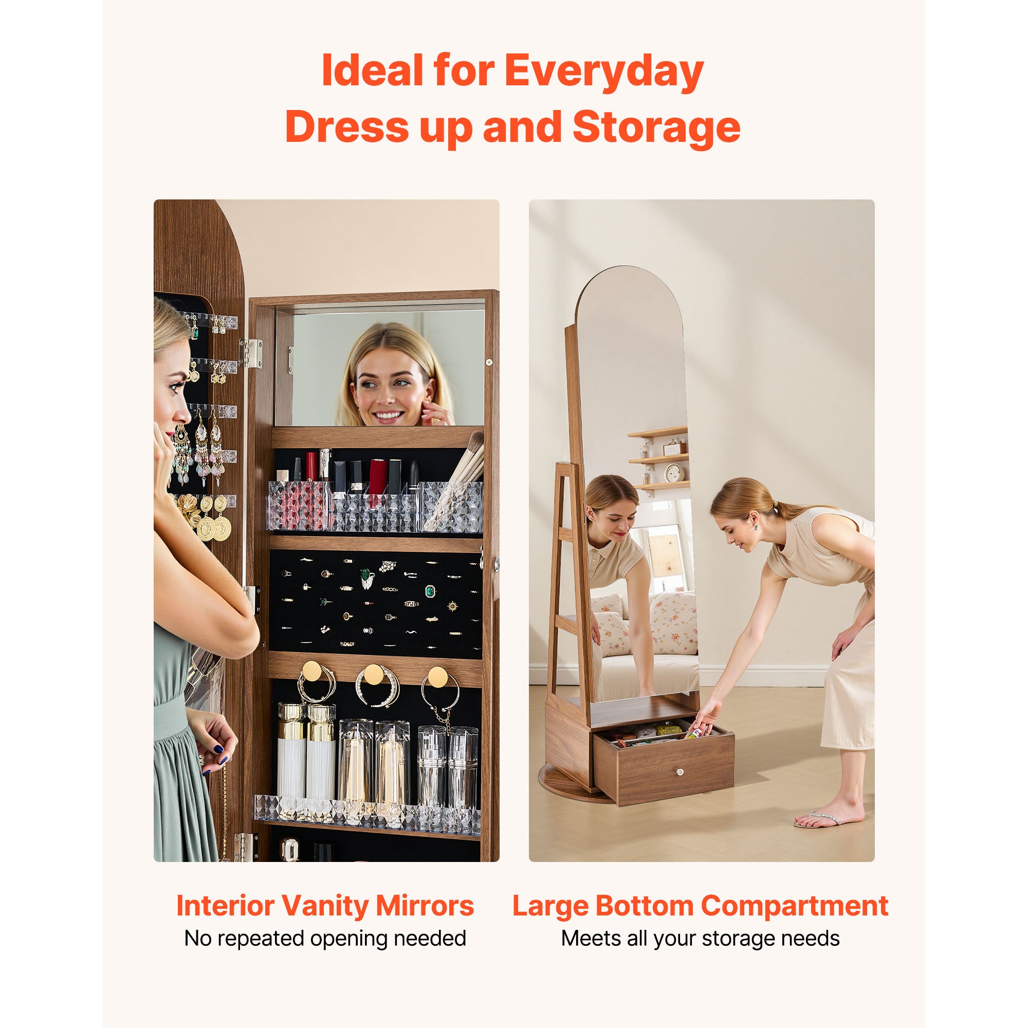 Armoire a bijoux SucceBuy rotative a 360°, meuble de rangement sur pied, 1650 mm, avec miroir integral, etageres pratiques,porte securisee avec 2 cles - 6