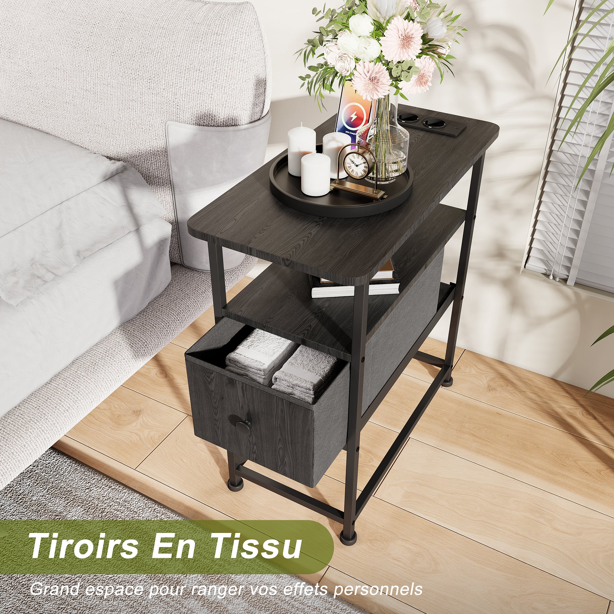Table d'Appoint avec tiroirs - prise électrique incluse, structure en métal, pieds antidérapants, espace de rangement ouvert - 60x30x62 cm - noir - 4