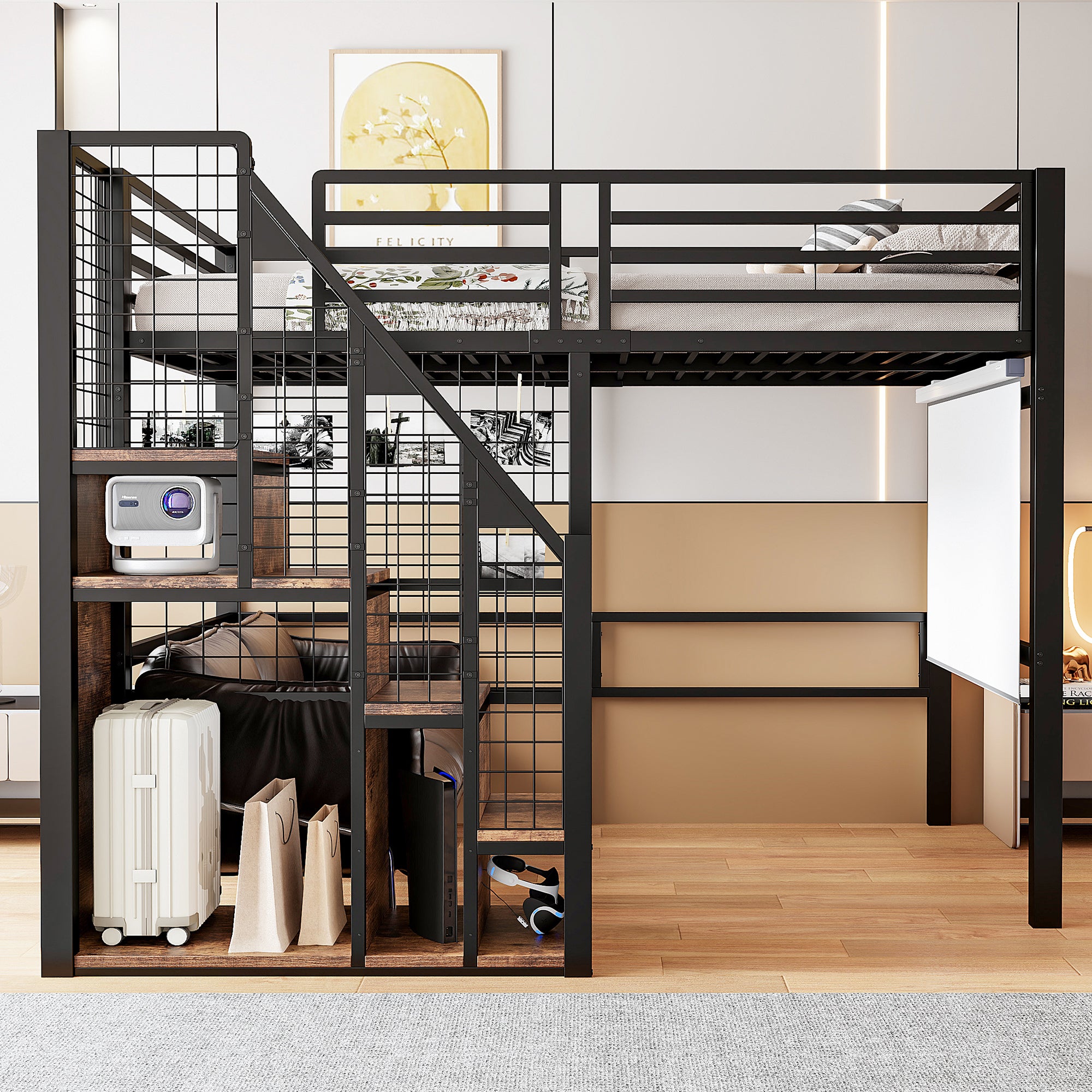 Lit mezzanine double 140×200cm, Avec espace de rangement, Lit enfant en fer, avec escalier de sécurité et garde-corps, Noir (matelas non inclus) - 2