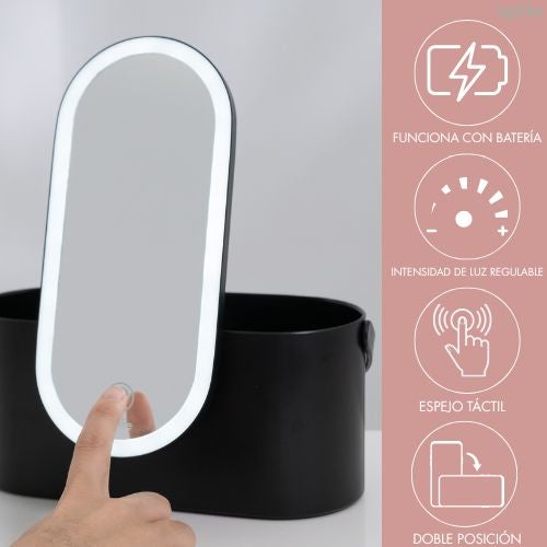 Organizzatore per il trucco con specchio a luce LED, interruttore on/off a sfioramento e temperatura di colore bianco BEVERLY (Nerosatinato). - 2