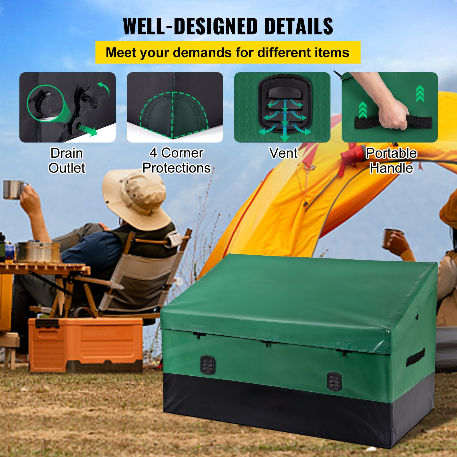 Coffre rangement extérieur 150 gallons,SucceBuy bâche PE imperméable,cadre galvanisé,protection toutes saisons,pour camping,marron et bleu - 7