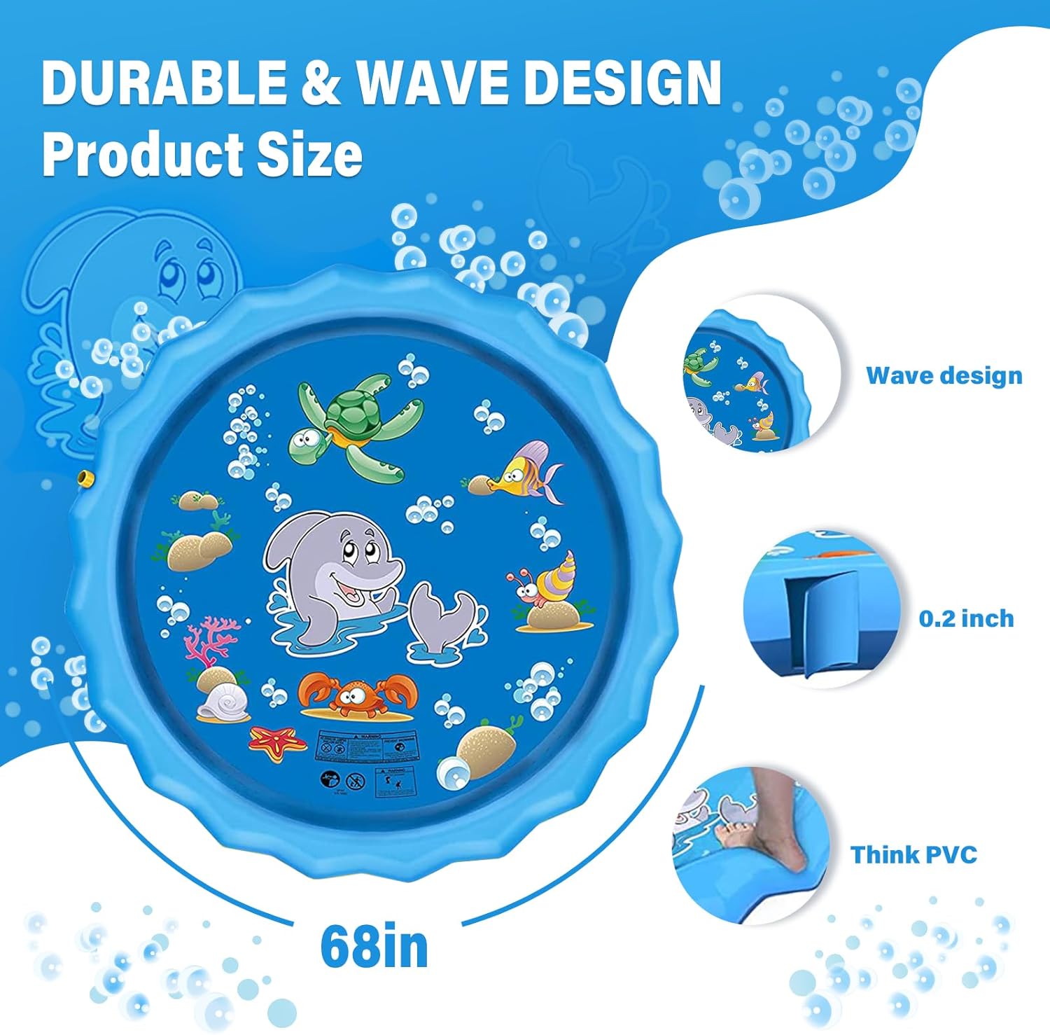 Tapis de Jet d'eau (170cm), Antidérapant 0,58mm Épaisseur, Splash Pad Durable en PVC, Jet Fontaine Réglable pour Enfants, Adultes et Chiens, Jeu d'eau - 3