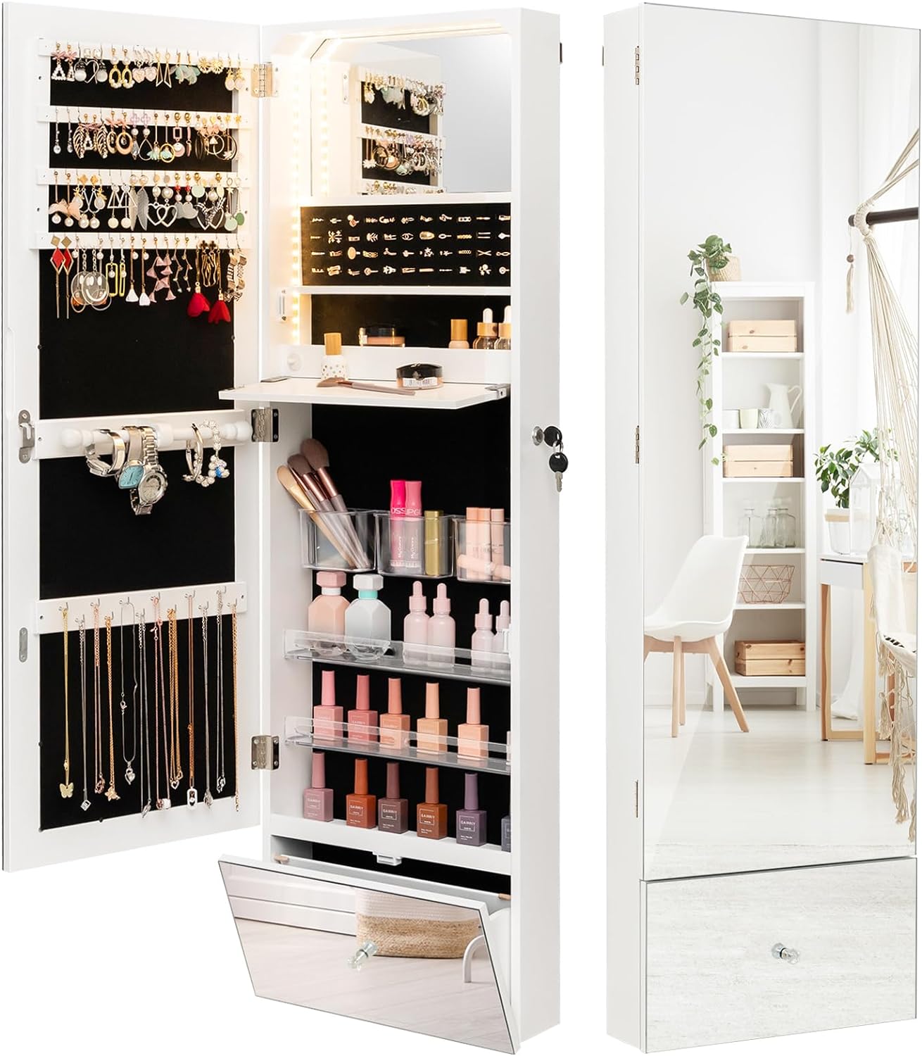 COSTWAY Armoire à bijoux suspendue - Armoire miroir verrouillable avec éclairage LED tricolore et miroir intérieur - Armoire de maquillage murale pour chambre à coucher, dressing - Blanc