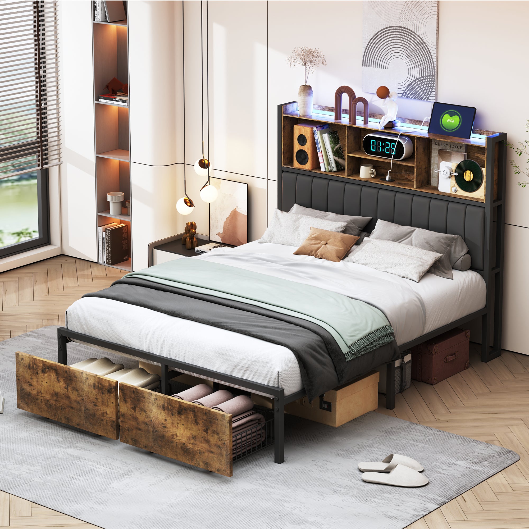 Lit double 160x200 cm avec LED, cadre métal, 2 tiroirs, tête avec rangement, sommier lattes - 2