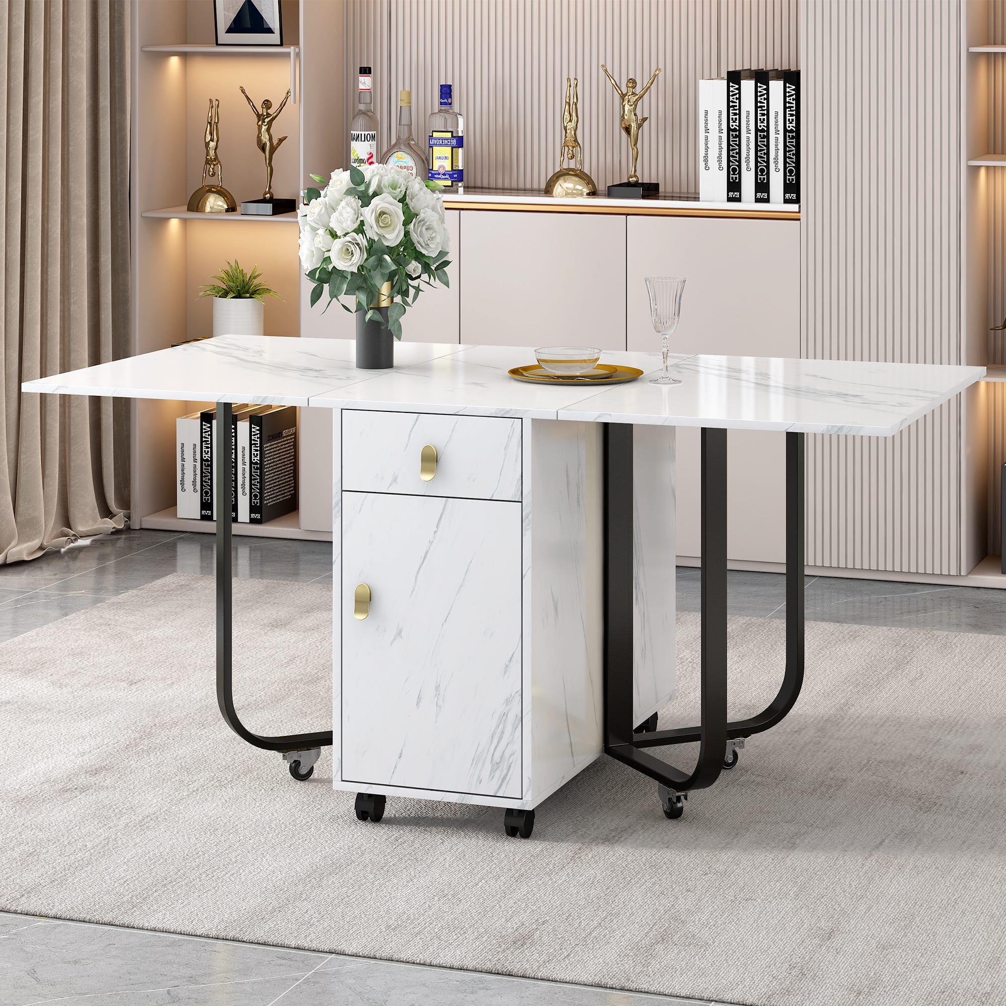 Table à Manger Pliante Moimhear Avec Rangement - 2 Tiroirs + Armoire - Blanc Et Doré - Dimensions 150x80x76 Cm