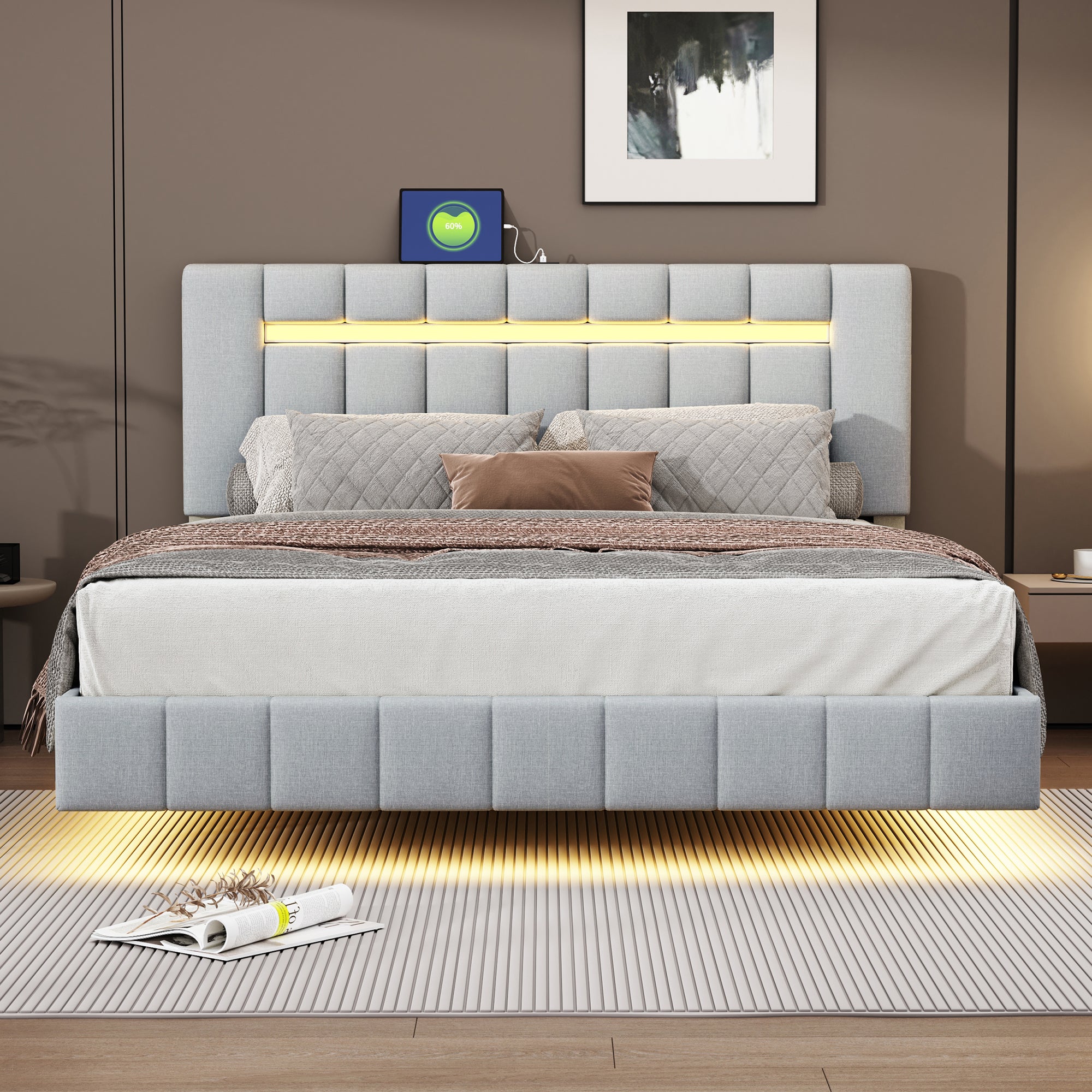 Letto imbottito 160 x 200 cm con testiera - tessuto lino - led - rete a doghe - grigio - 2