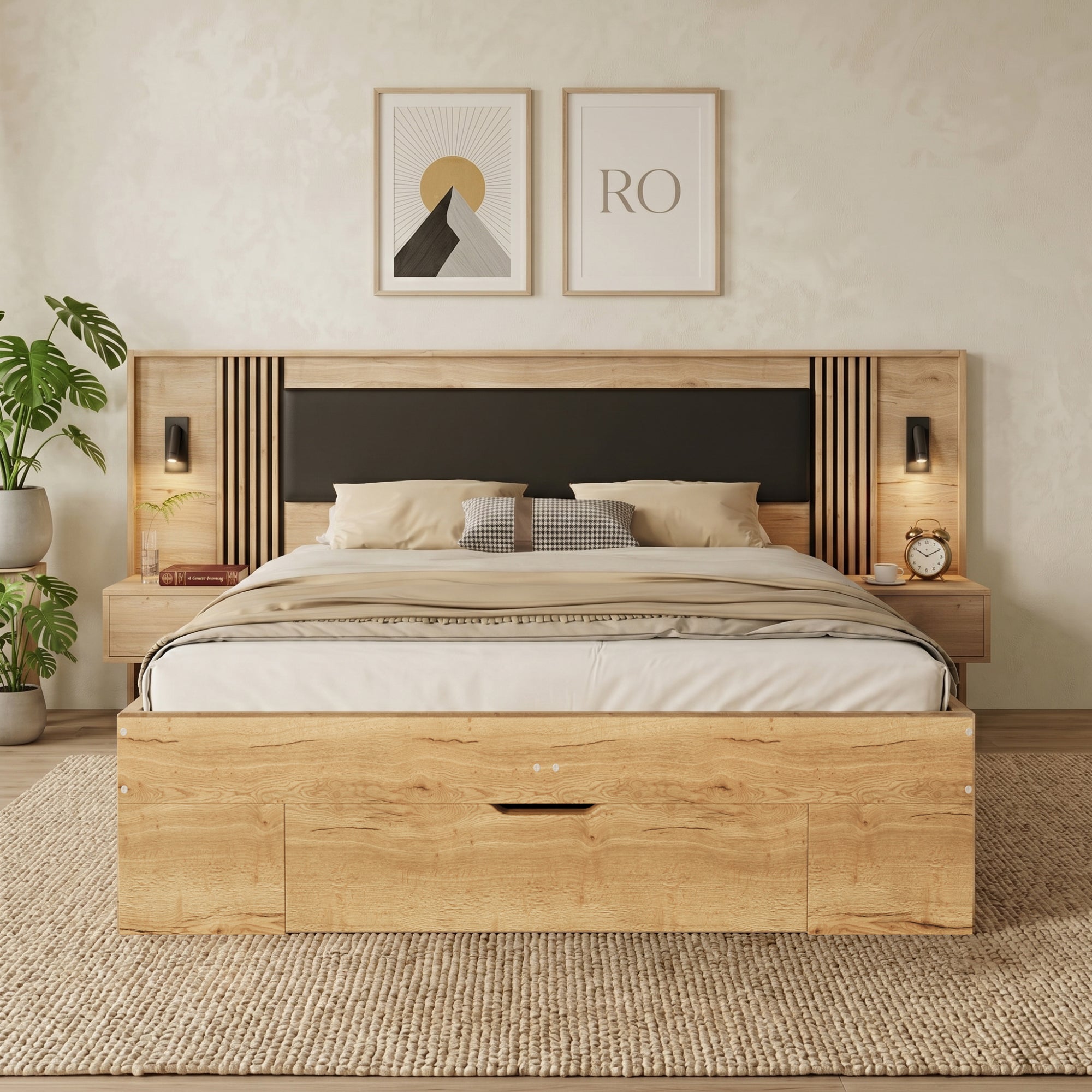 Lit 160x200 cm avec 2 avec table de nuit et 2 lampes de lecture, lit double en bois avec tiroirs, cadre de lit avec sommier, naturel (sans matelas) - 2