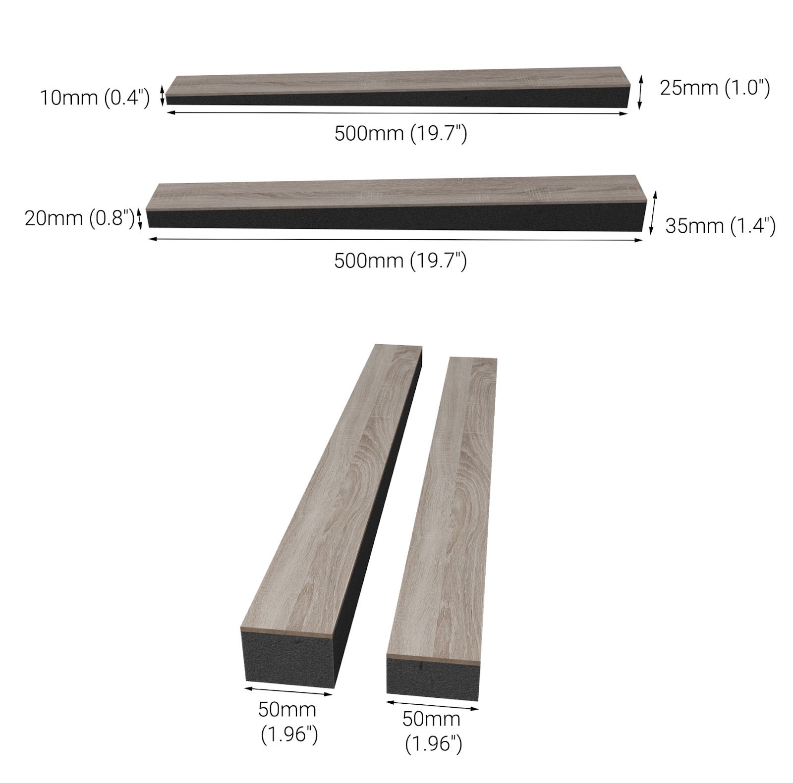 Lot de 20 Lames acoustiques insonorisants LOZA 50x5cm -0,5 m² surf.totale -MDF perforé laminé et mousse acoustique -Sonoma - 3