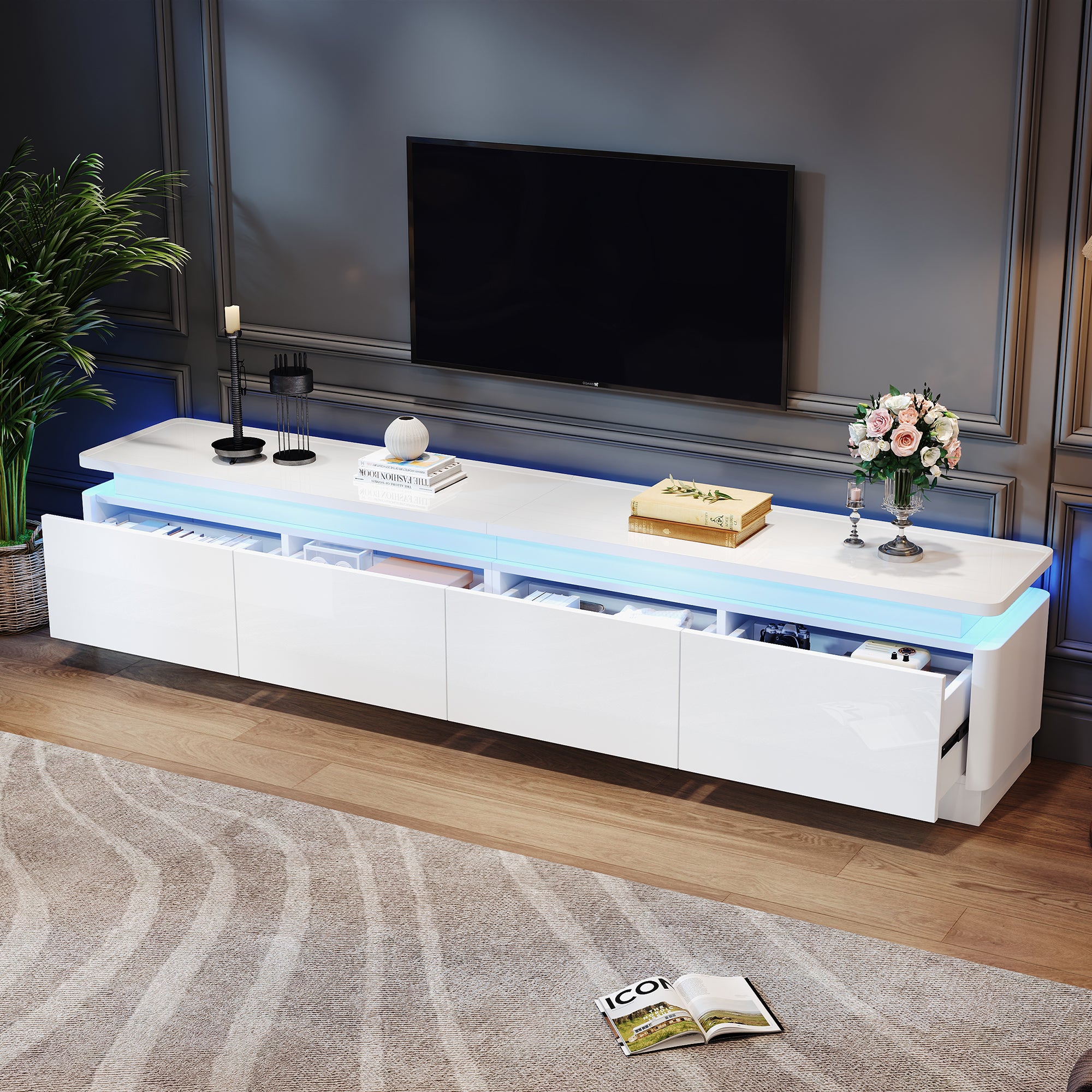 Stolik pod TV 180x34x40cm - z 4 szufladami - z oświetleniem LED - wykończenie błyszczące - kolor biały - 2