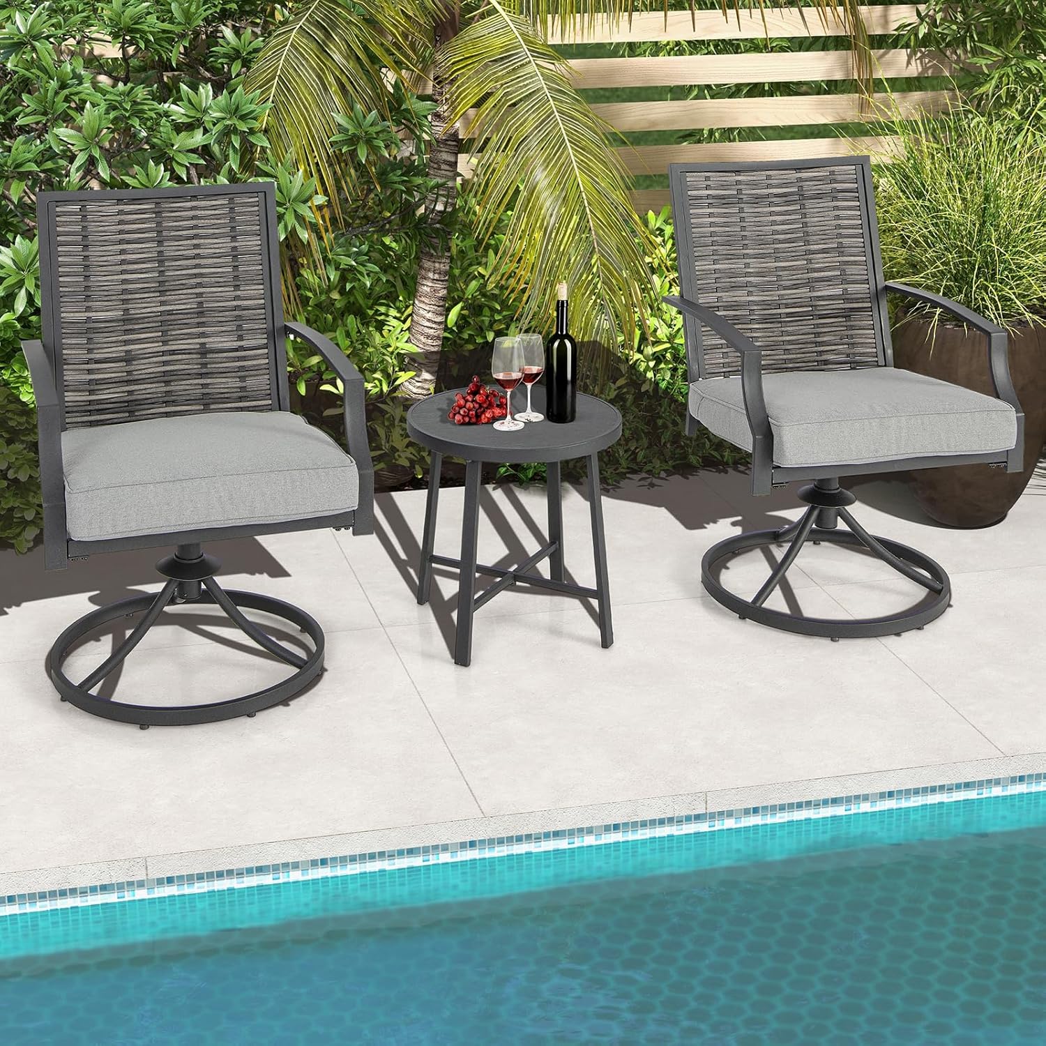 Set Salotto da Giardino in Rattan PE, Set da Esterno con 2 Poltrone Girevoli, 2 Cuscini e Tavolo, Set Attedo Giardino Struttura in Ferro, per - 8