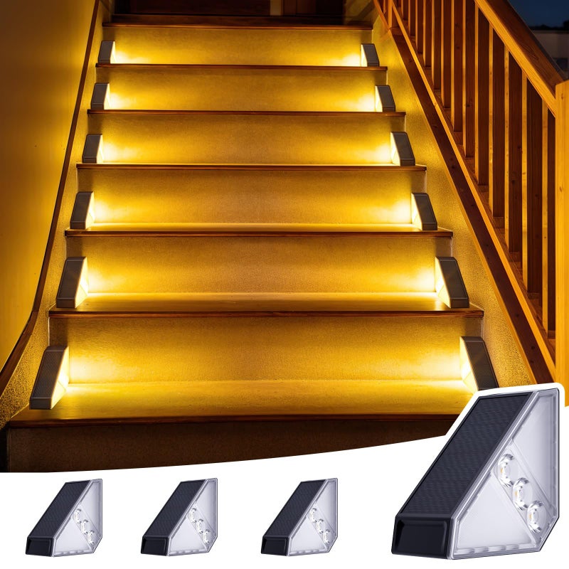 Lampy solarne LED do dekoracji schodów zewnętrznych i stopni, ciepłe światło, 4 sztuki