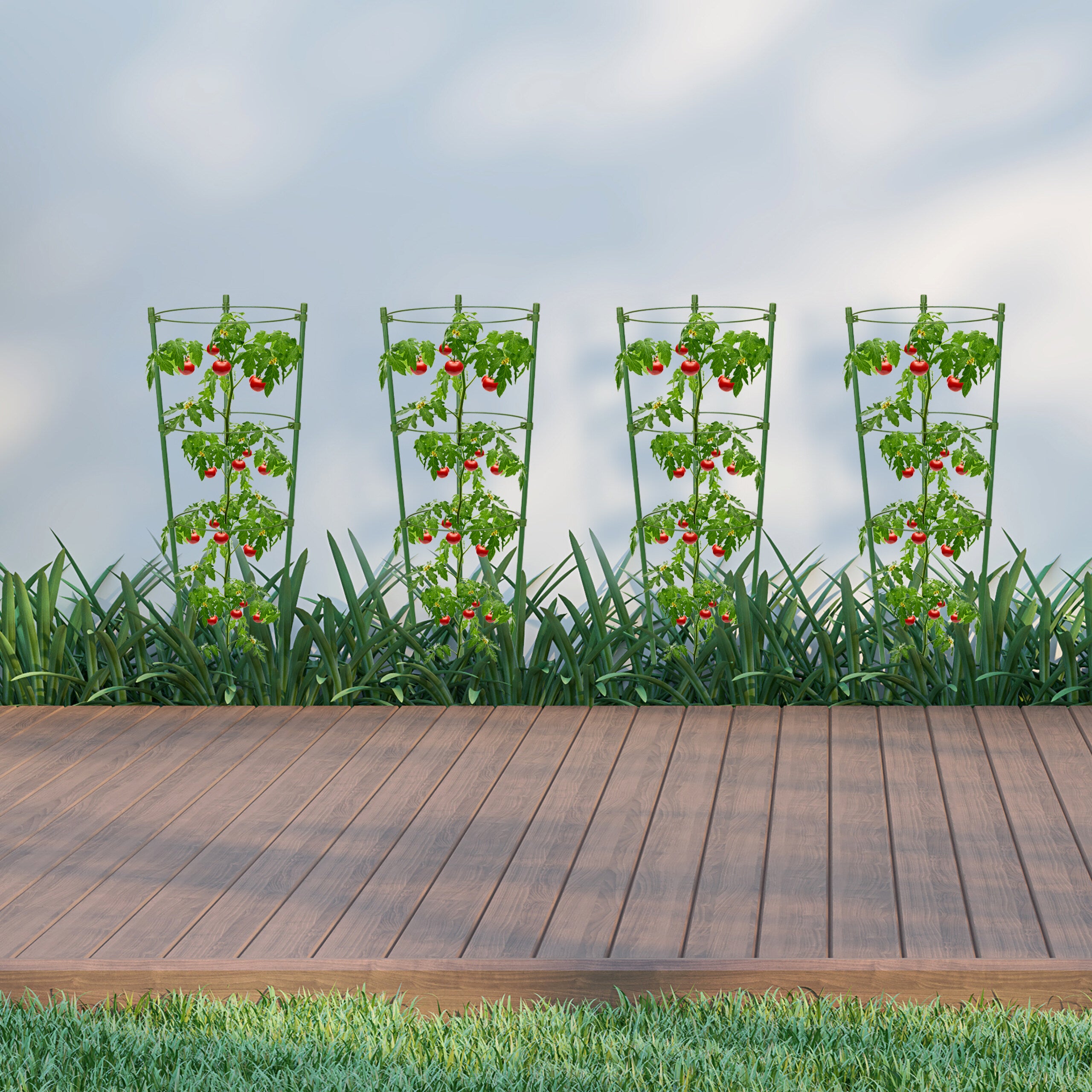 Tuteur pour tomates, plantes grimpantes, lot de 4, métal, plastique, 3 anneaux réglables, HxD:45x18cm, vert, Relaxdays - 2
