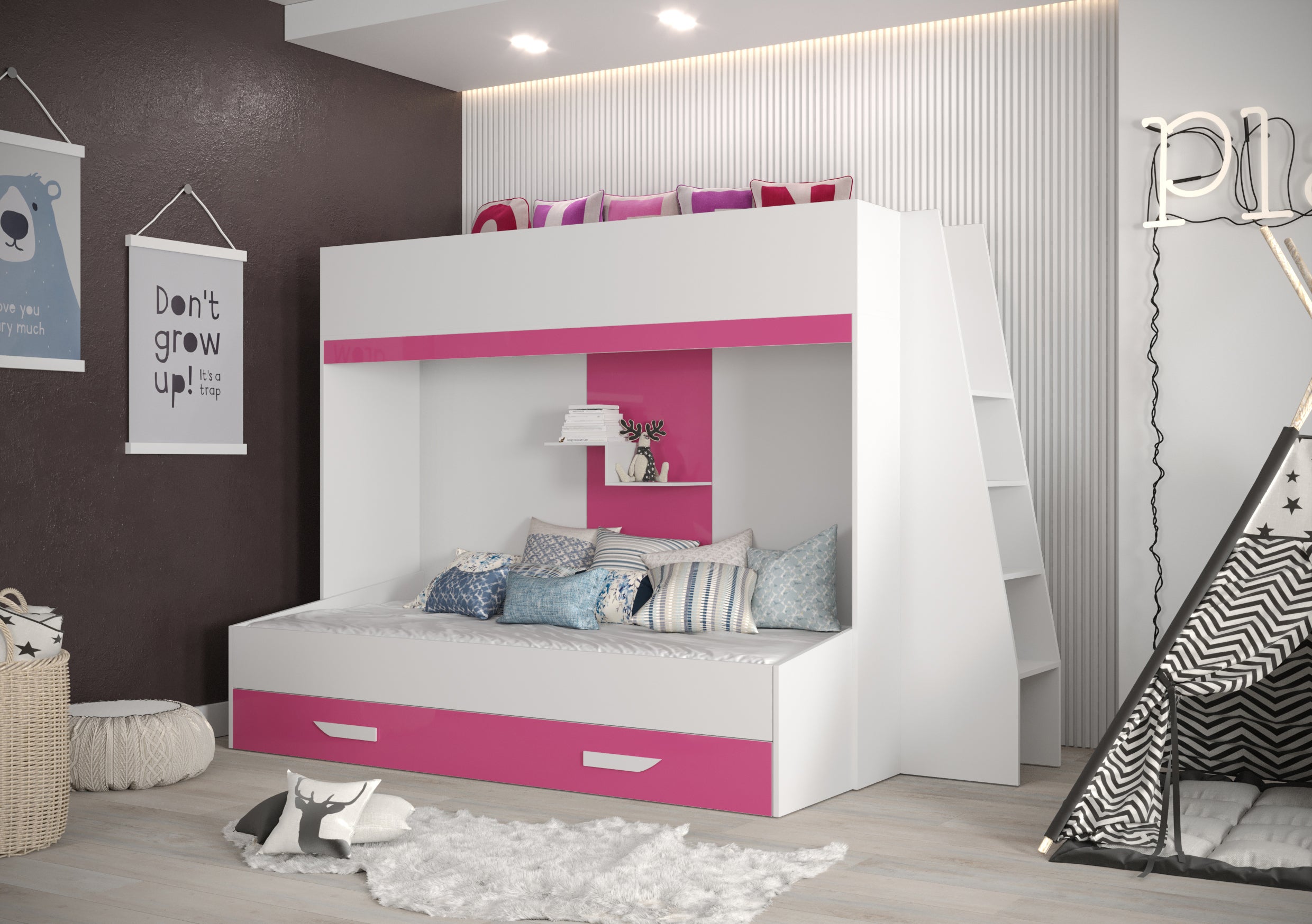 Łóżko piętrowe Antresola PARTY 17 biały + różowy - Abiks - 2