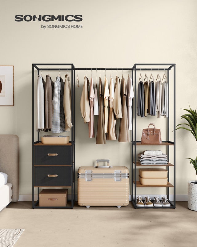 Penderie, Armoire Ouverte, avec 1 Tringle Extensible, 2 Tiroirs et 4 Étagères, Gain de Place, Marron Rustique - 2