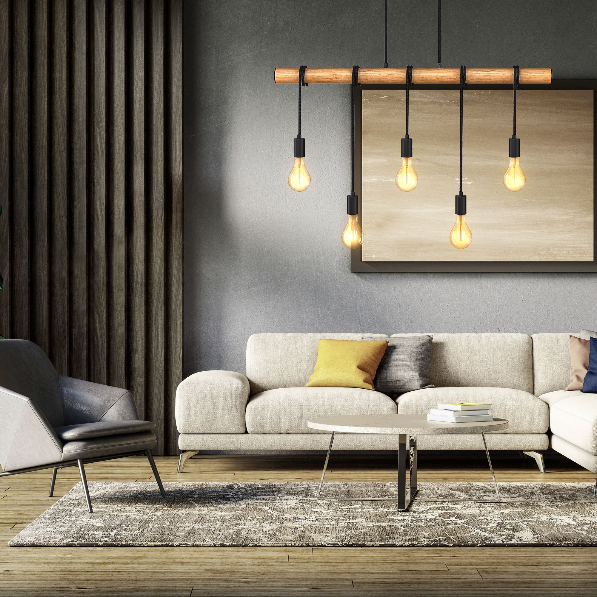 Suspensions à 5 lumières en bois et métal - 5x E27 sans ampoules - Câble textile - IP20 - B.K.Licht - 3