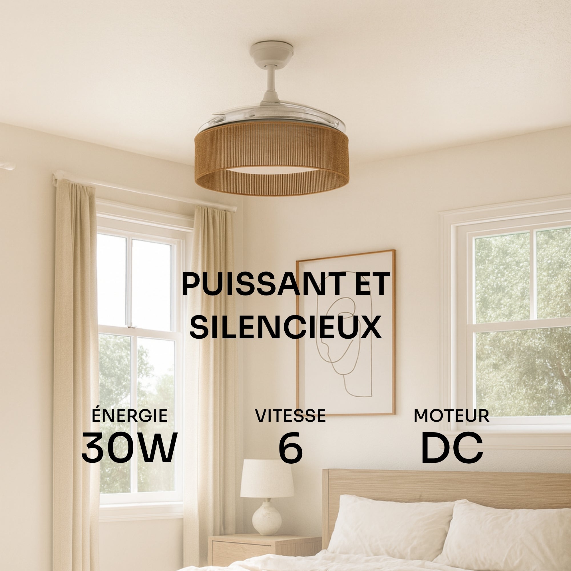 Ventilateur de plafond avec lumière LED réglable Mellerware - Brizy Bright Rattan, minuterie jusqu'à 8h, compatible avec plafonds inclinés. - 2