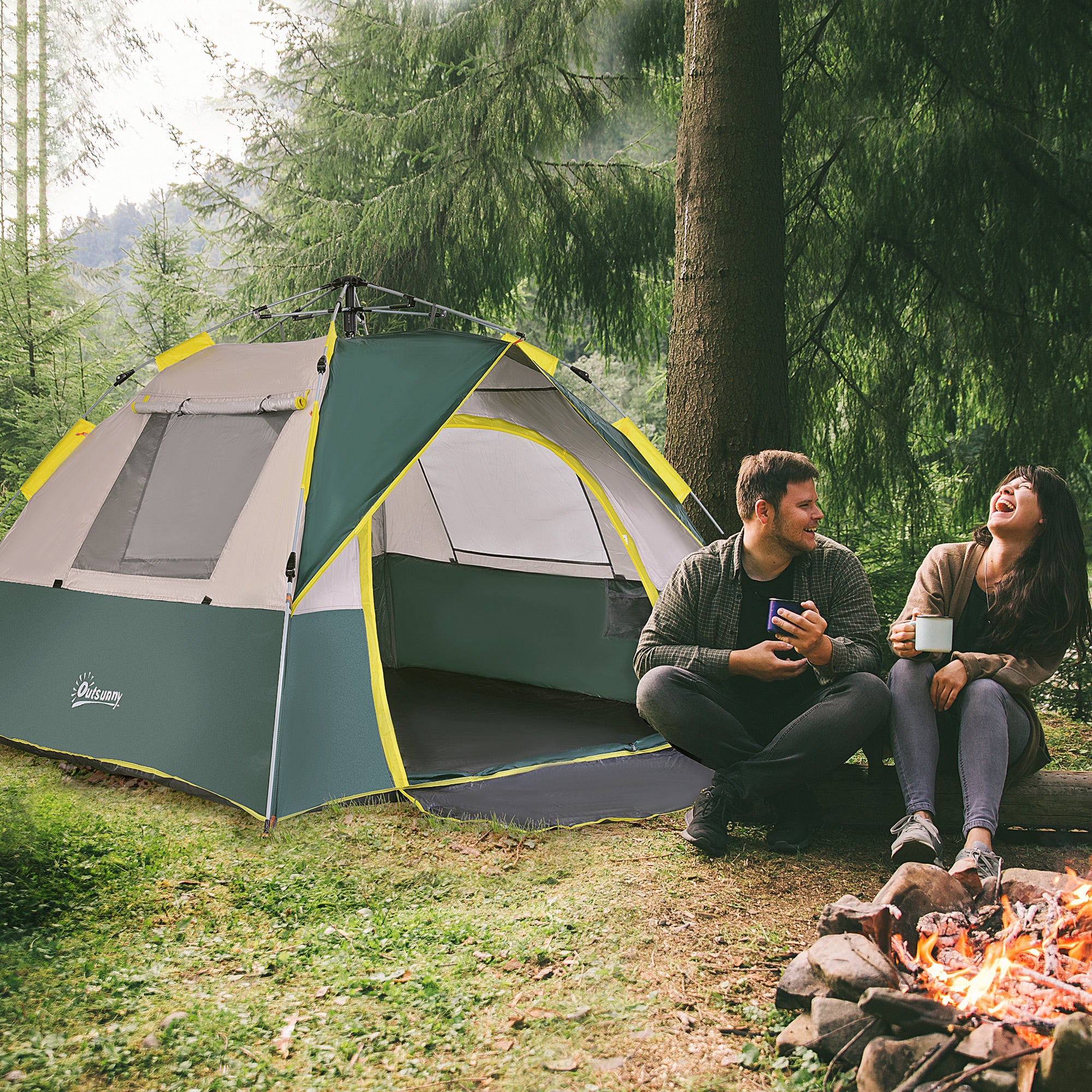 Tente de camping pop up 3 personnes avec sac jaune gris vert - 2