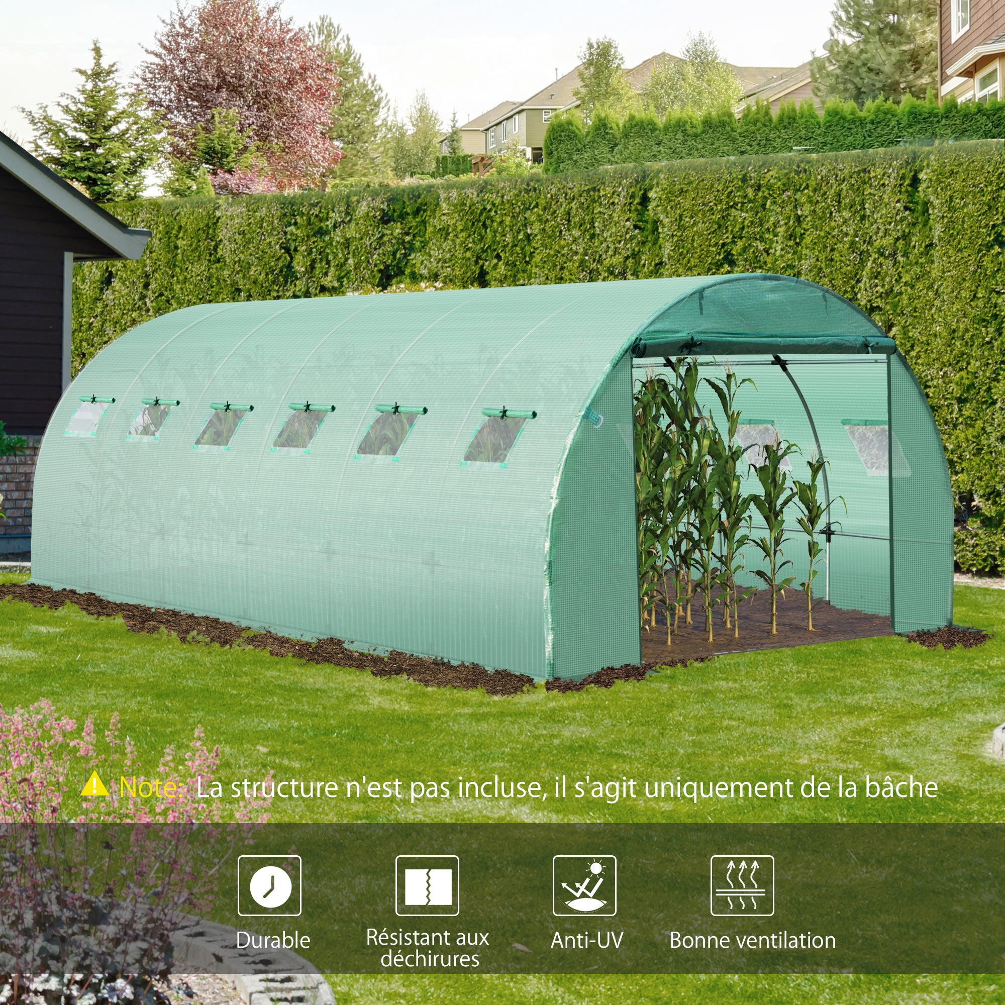 Bâche de Rechange Serre Tunnel 18 m², bâche 6 x 3 x 2 m PE Anti-UV imperméable 12 fenêtres + Porte Enroulable zippée vert - 6