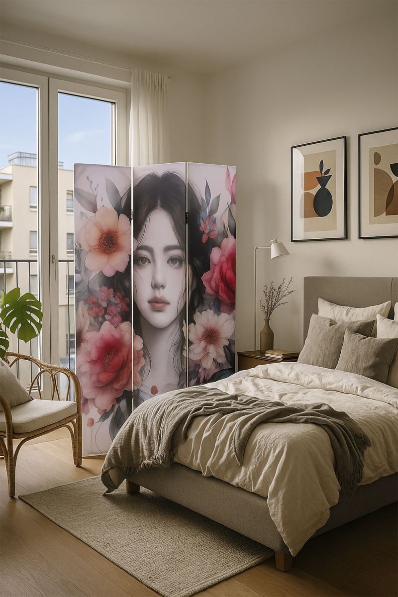 Biombo Cape de lienzo floral y retrato junto a una cama