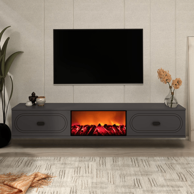 Meuble TV avec cheminée LED 150cm gris anthracite et noir FYRA