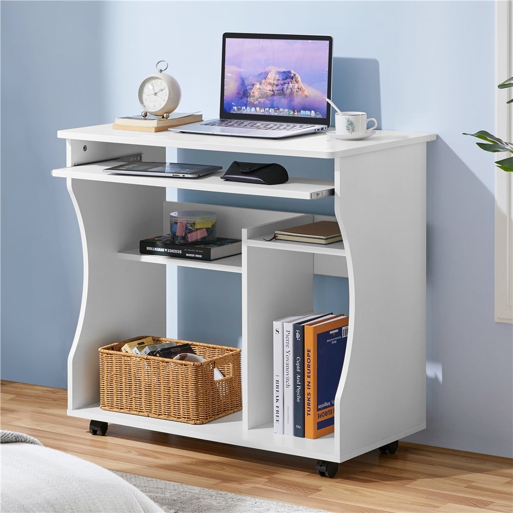 Bureau Informatique à Roulettes en Bois avec Plateau pour Clavier Étagères de Rangement, Blanc Yaheetech - 3