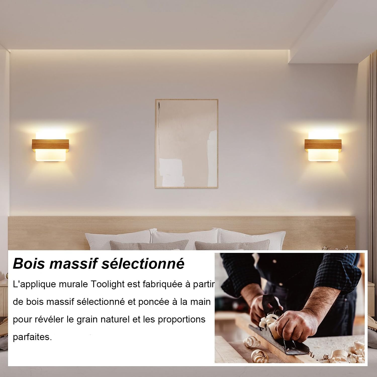GOECO Applique Murale Interieur, 12W Moderne Lampe Murale en Bois avec Abat-jour en Verre E27, 3 Température de Couleur 3000K/4500K/6500K - 6