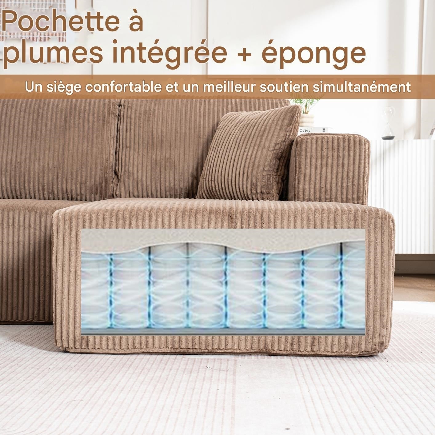 Canapé panoramique d'angle en U,4 places,Canapé modulable,accoudoirs,Velours côtelé,Étui à ressort + mousse haute résilience,Marron - 8