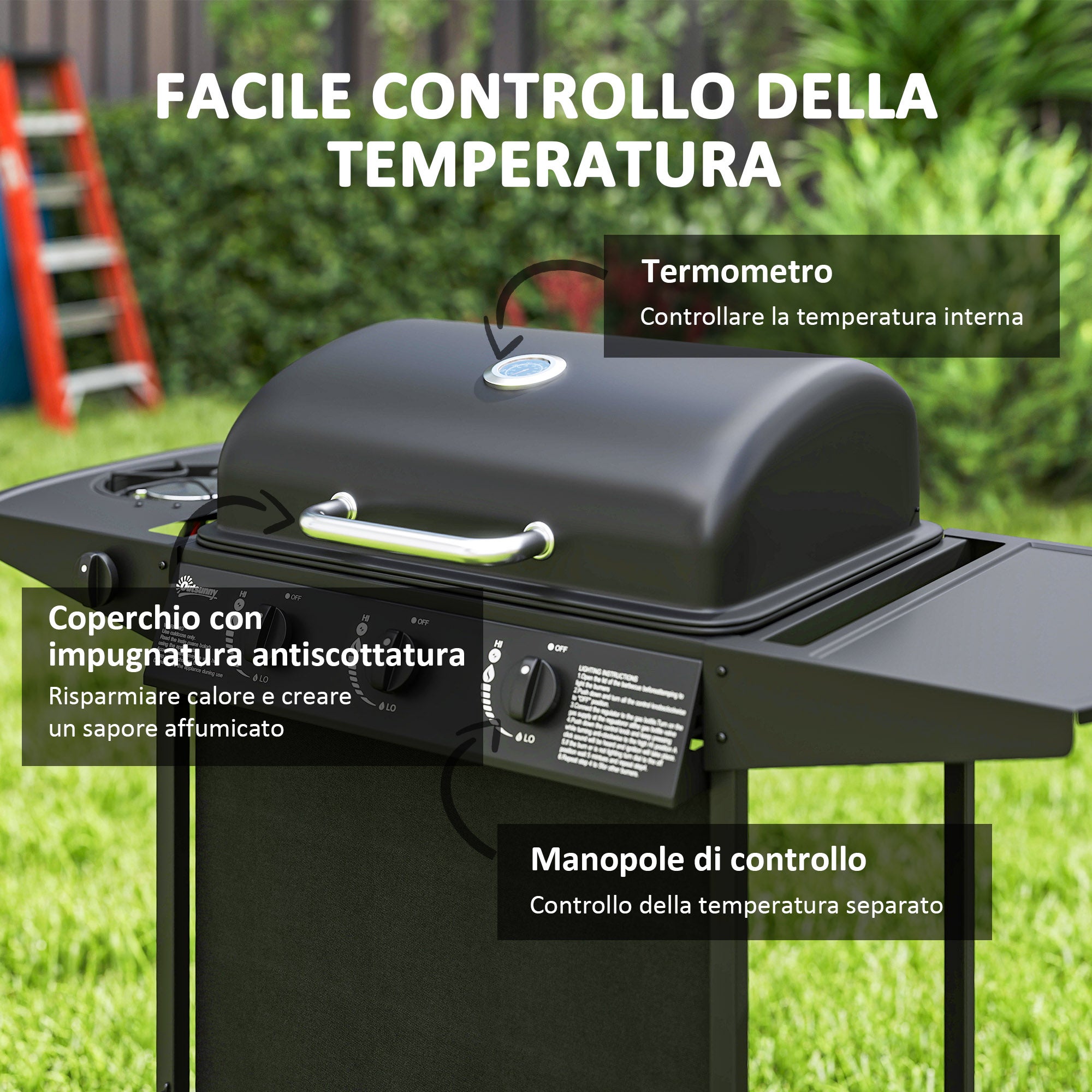 Outsunny Barbecue a Gas con 4 Bruciatori Indipendenti e Coperchio con Termometro, 108x54x97 cm, Nero - 5