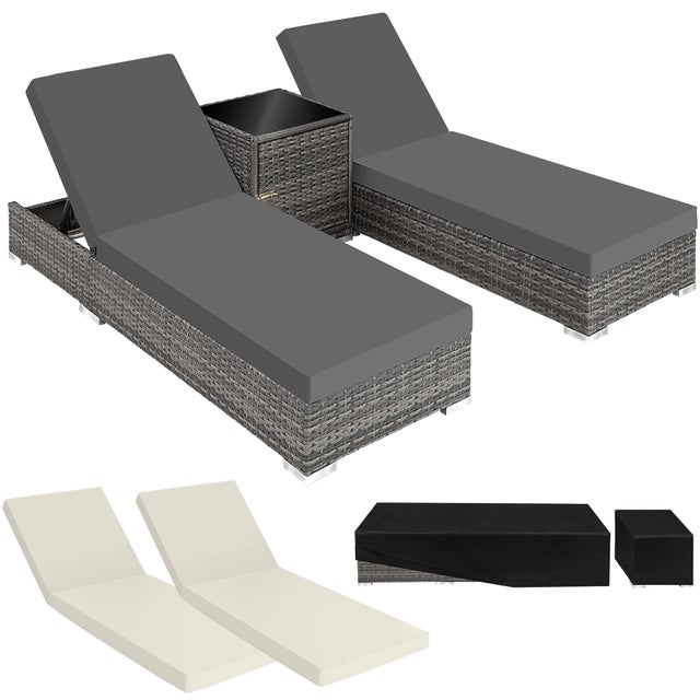 Set di 2 lettini prendisole rattan con tavolo in resina intrecciata e alluminio e copertura protettiva grigio TECTAKE