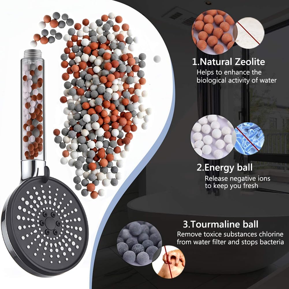 Pommeau de douche avec filtre économiseur d'eau, pommeau de douche anticalcaire haute pression, 5 types de jet, noir - 3
