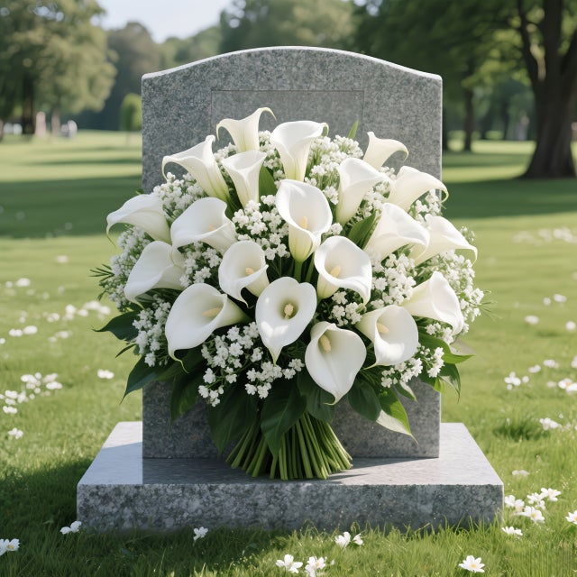 Bouquet de 60 fleurs artificielles pour cimetière extérieur, 40 gypsophiles et 20 arums pour la décoration de tombes/funérailles. Fleurs artificielles