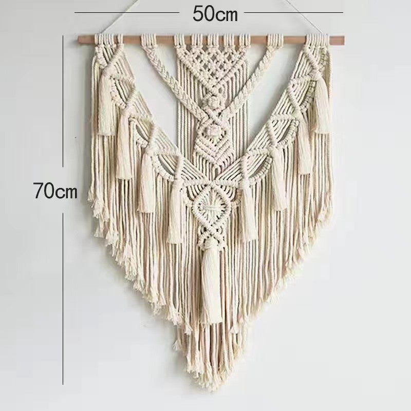 Tapisserie murale en macramé tissé, motif géométrique, faite main, décoration bohème avec pompons, ornement pour chambre, salon, appartement (beige) - 2